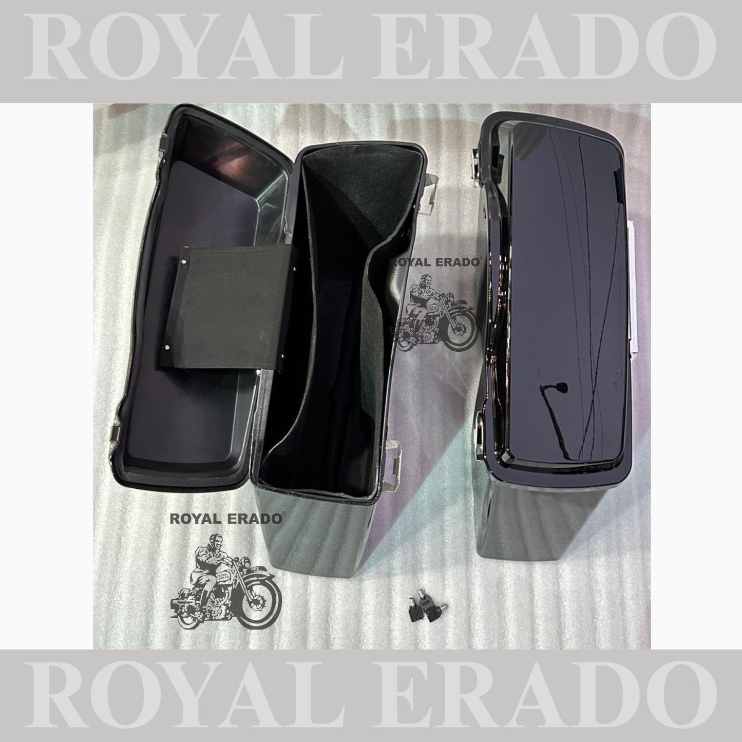 Harley Davidson style side boxes for all bikes Royal Enfield Super Meteor 650 fab bob chief India dark horse and other cruiser bikes