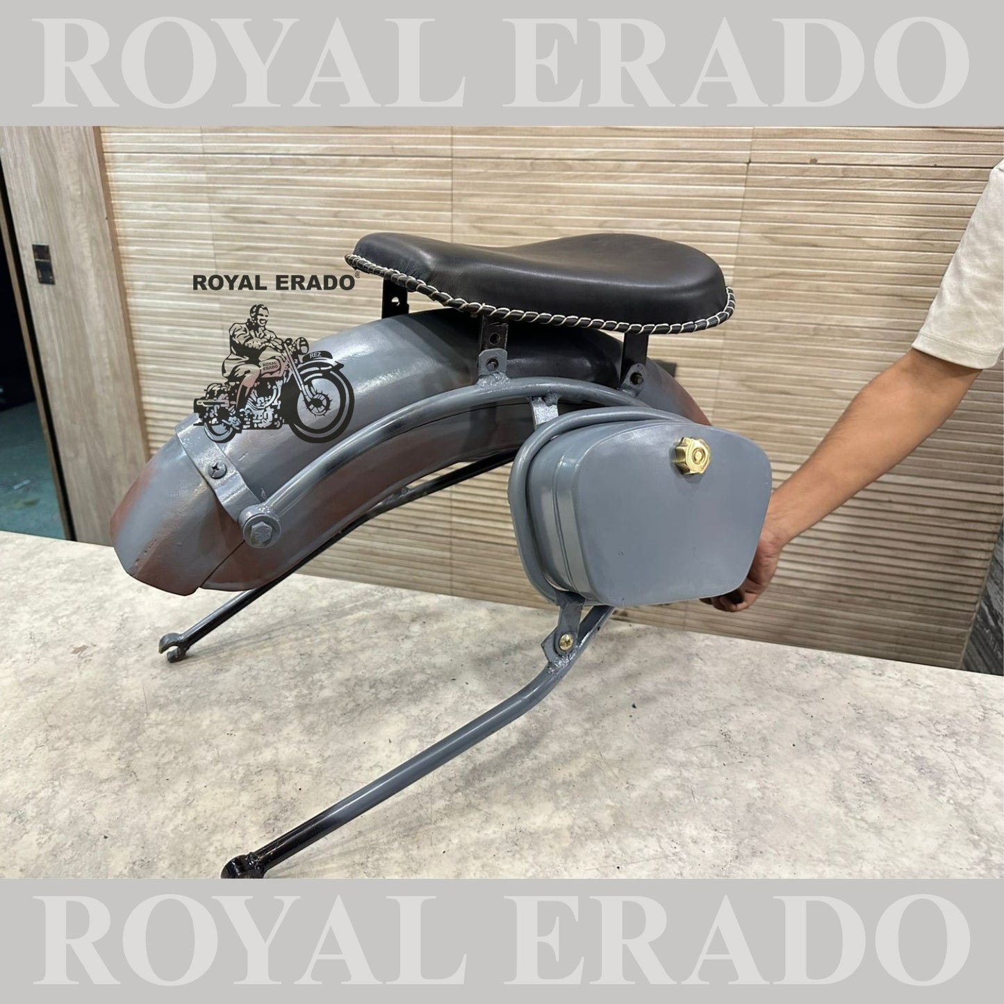 Royal Enfield rear mudguard with rear stays tool boxes and front and rear seat
