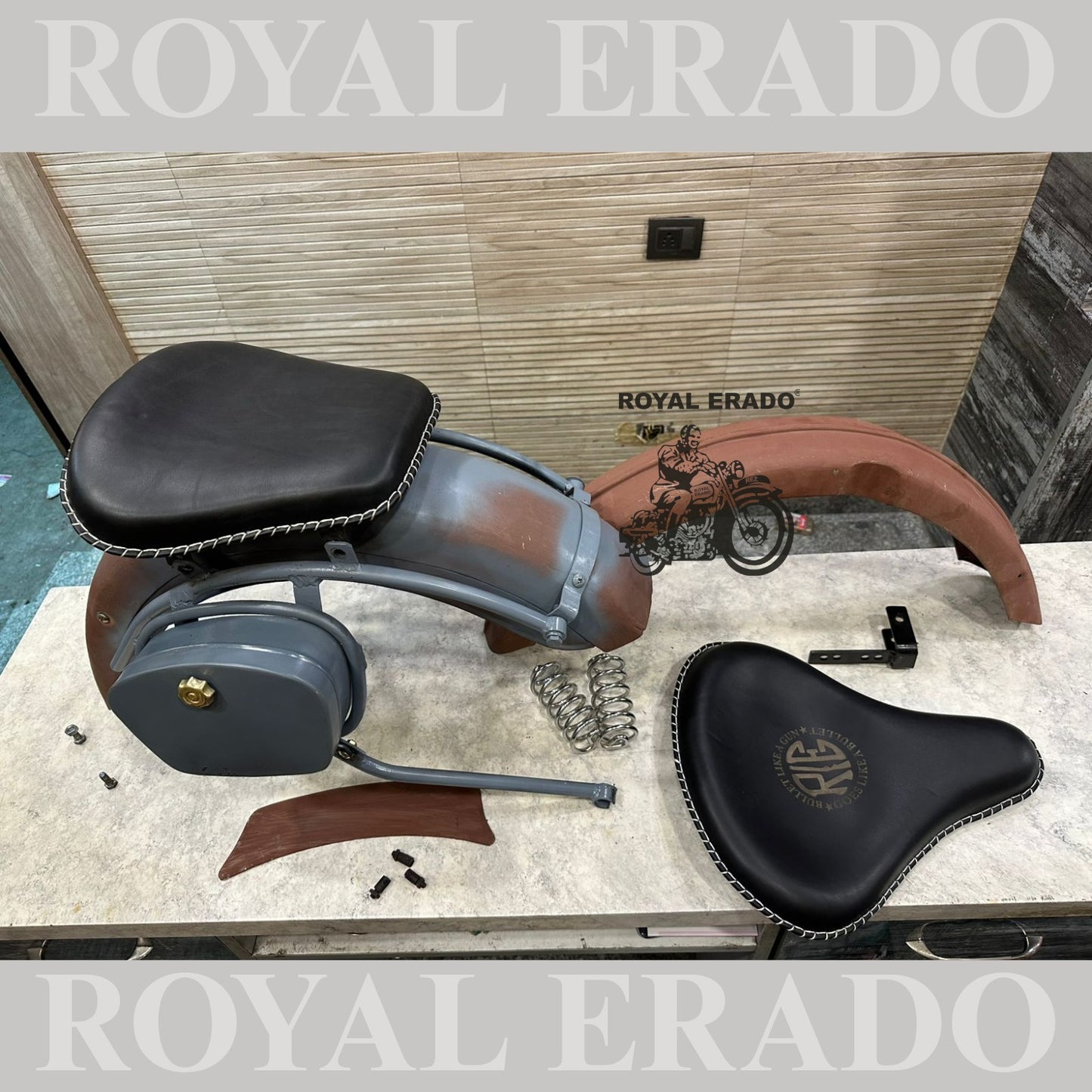 Royal Enfield complete vintage g2 1962 old model kit with g2 mudguards , leather seat and rear stay tool boxes