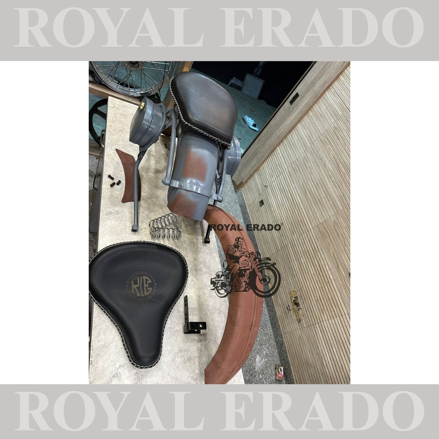 Royal Enfield complete vintage g2 1962 old model kit with g2 mudguards , leather seat and rear stay tool boxes