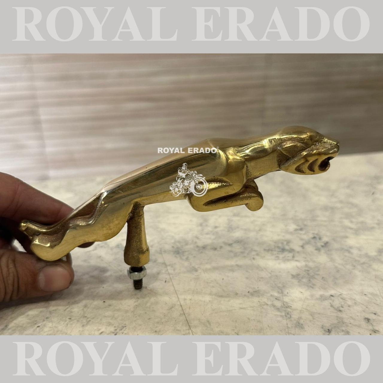 Premium Brass Jaguar Front Mudguard Ornament – Golden Finish (Universal Fit for Royal Enfield, Jawa, & Yezdi)