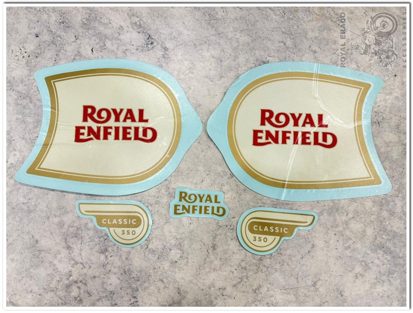 Royal Enfield Classic 350cc BS3/BS4 Tank, Tool Box, and Rear Mudguard Stickers - Golden Classic 350 Decals