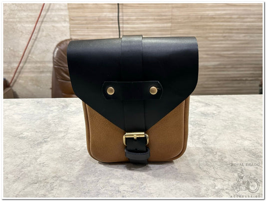 "Premium Leather Magnetic Tank Bag in Brown and Black for Royal Enfield: Classic Reborn, Electra, Battalion, Standard Bullet 350, Meteor 350, Super Meteor 650, Interceptor 650, and Continental GT."