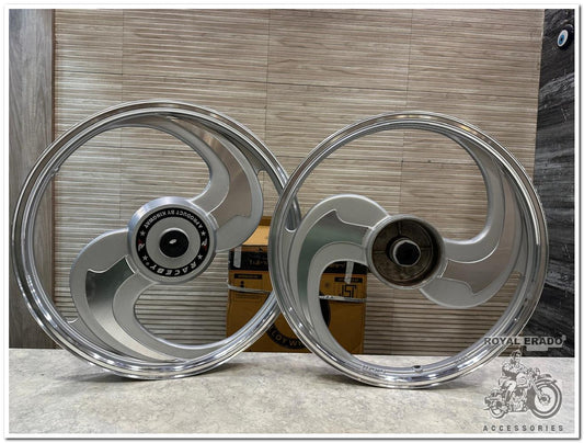 Kingway Raceby 2S 2 Spokes Talwar Silver Alloy Wheel Set Big Drum Brake for Splendor i3S Splendor Plus Splendor Pro