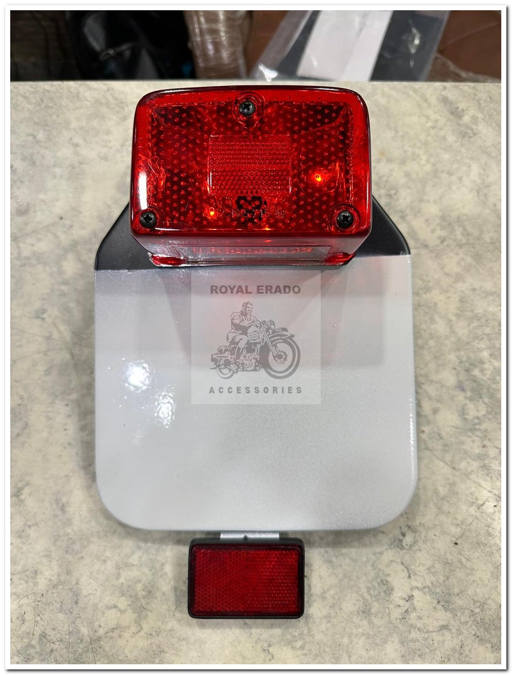 "Royal Enfield Reborn Classic, Electra, & Standard - Vintage G2 Style Number Plate with Reflector & Square Lumax Tail Light - Fits Old Bullet 350 & Standard Battalion"