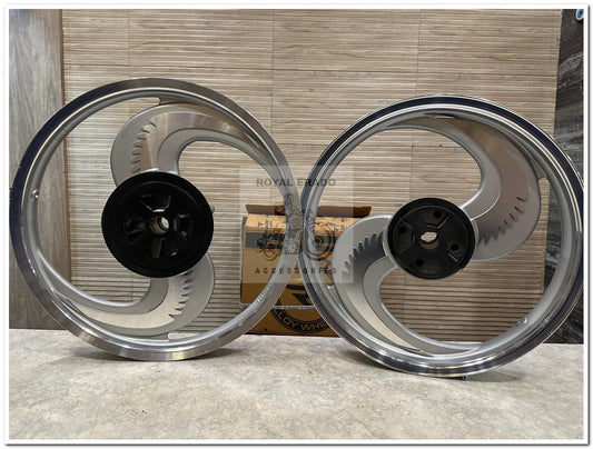 Raceby Kingway Big S Broad S 2S 2 Spoke Talwar Design Silver Alloy Wheel for Classic Single Disc Front 19” Disc & Rear 18” Drum