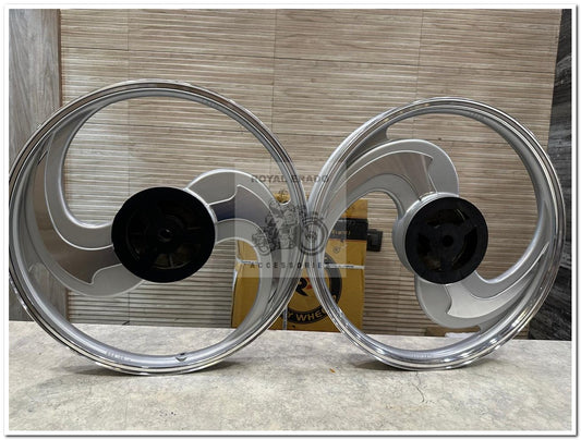 Raceby Kingway Alloy Wheels 2 spoke 2S s talwar cnc & Silver Design For Yamaha RX-100.