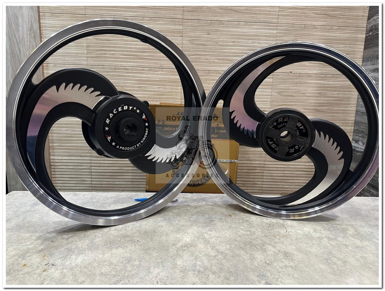 Raceby Kingway Big S Broad S 2S 2 Spoke Talwar Design Black Alloy Wheel for Classic Single Disc Front 19” Disc & Rear 18” Drum