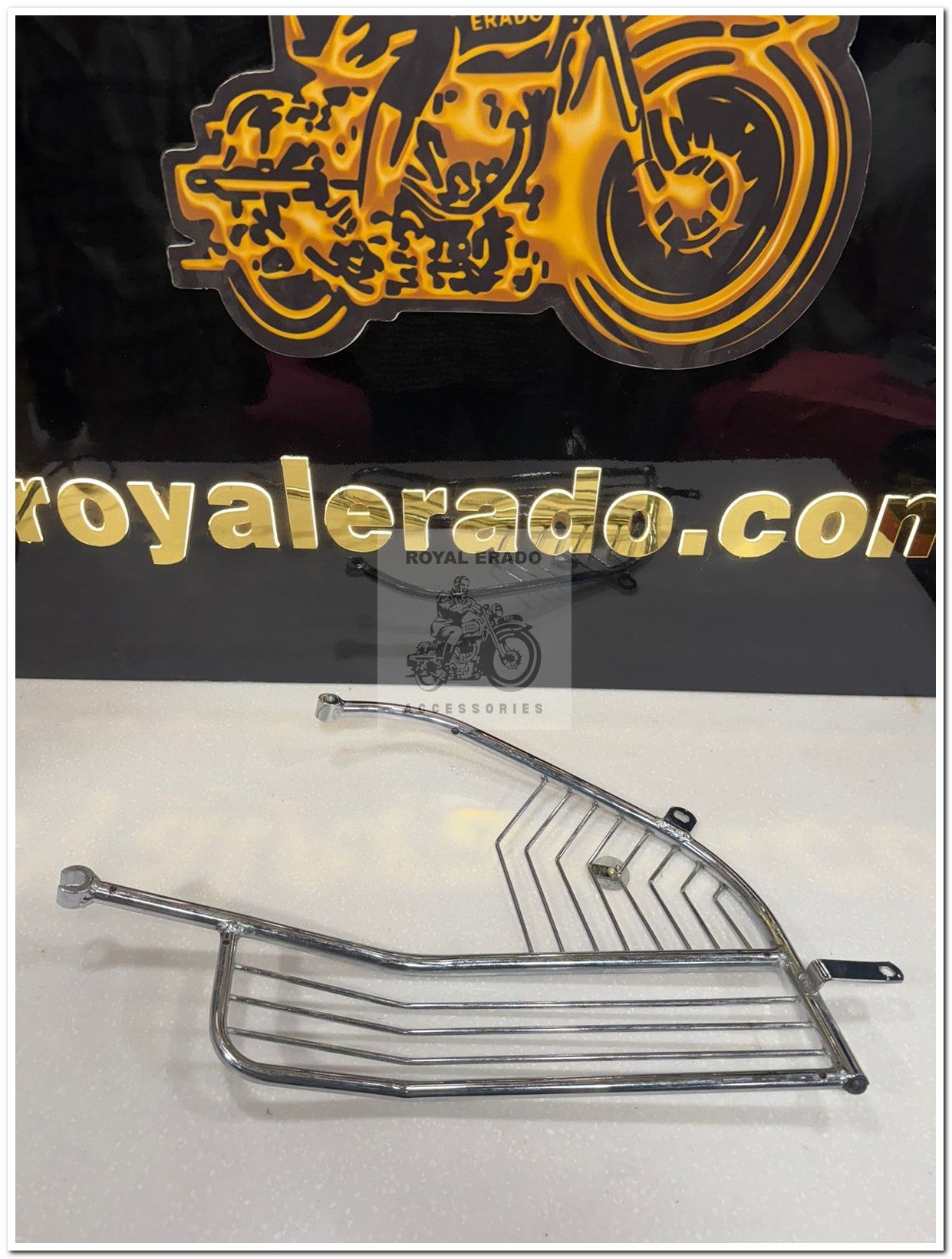 Royal Enfield old model vintage G2 1962 Bullet 350 cast iron engine, CI engine standard right side RH saree guard in chrome with footrest