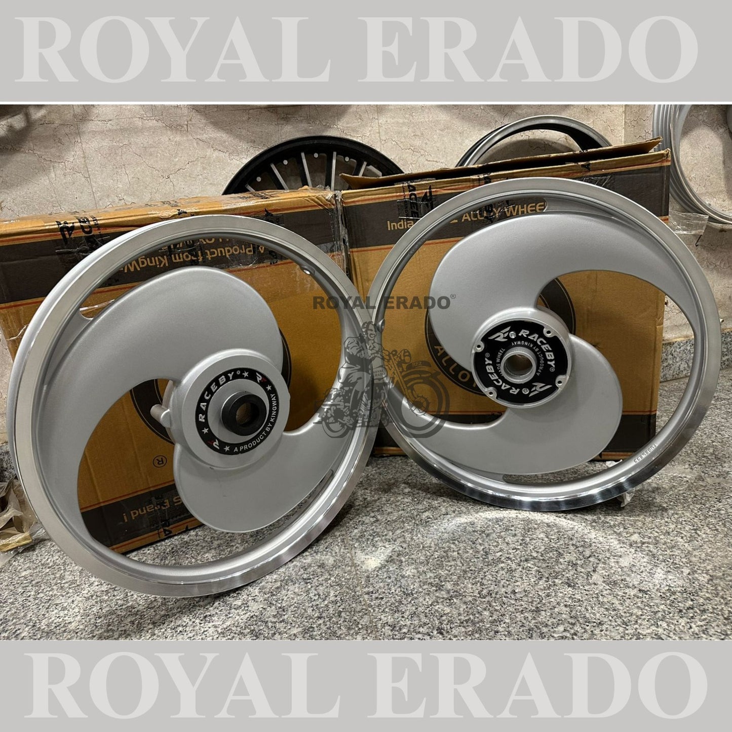 Kingway Raceby Royal Enfield Electra and Standard abs alloy wheel 2S spoke big S alloy wheel silver color.
