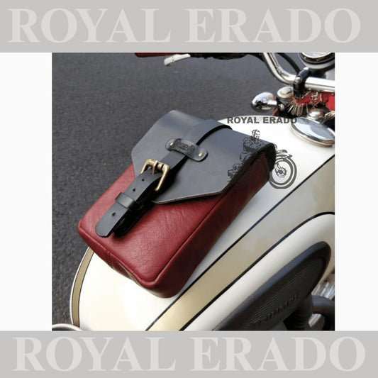 Universal Tank bag in red and black leather with magnet for Royal Enfield reborn Classic Electra Standard Meteor Supper Meteor Hunter Jawa Perak Jawa bobber