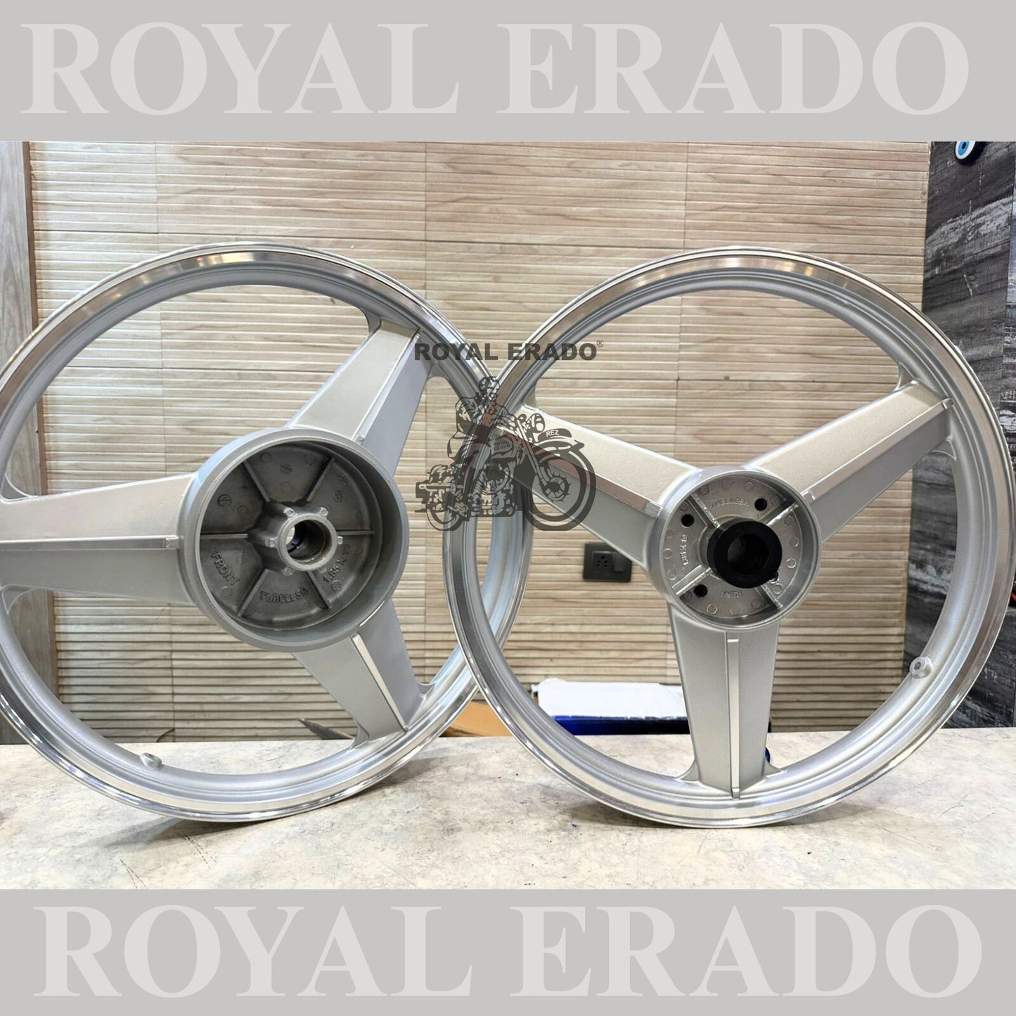 PAJERO NEW STAR DIAMOND MERCEDES SILVER ALLOY WHEEL SET FOR ROYAL-ENFIELD STANDARD BIG DRUM.