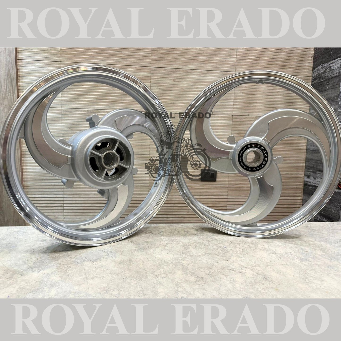 Raceby / kingway 3 spoke Talwar silver alloy wheel for Royal Enfield Reborn Classic and Standard Battalion single disc